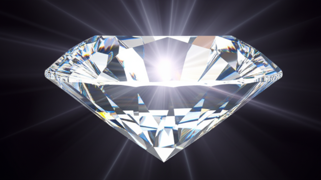 Hình ảnh mô phỏng 3D ánh sáng phản xạ và khúc xạ qua một viên kim cương, tạo hiệu ứng lấp lánh.