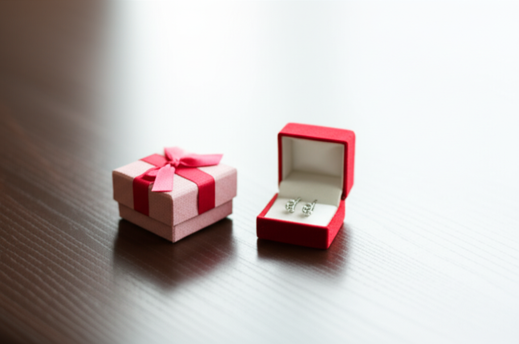 Ảnh chụp hộp quà mở với đôi bông tai kim cương bên trong, gợi ý một món quà ý nghĩa.