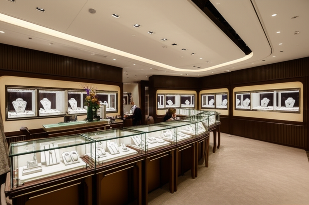 Ảnh chụp không gian nội thất của một showroom trang sức kim cương nam cao cấp với thiết kế sang trọng và ánh sáng ấm áp.