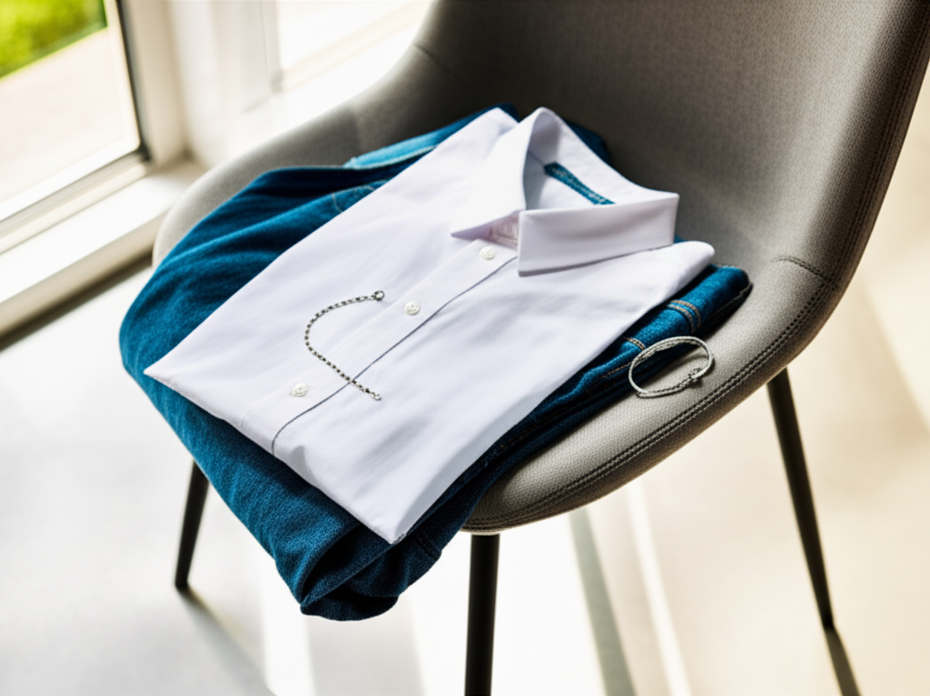 Ảnh chụp áo sơ mi trắng, quần jeans xanh và một chiếc vòng tay kim cương đơn giản đặt trên ghế.