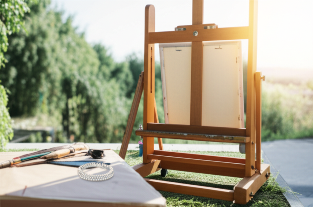 Lý do giới nghệ sĩ yêu thích kim cương nam với nghệ sĩ và kim cương 5 Ảnh chụp không gian studio của một nghệ sĩ với giá vẽ, bức tranh dang dở, và một chiếc vòng tay kim cương trên bàn.