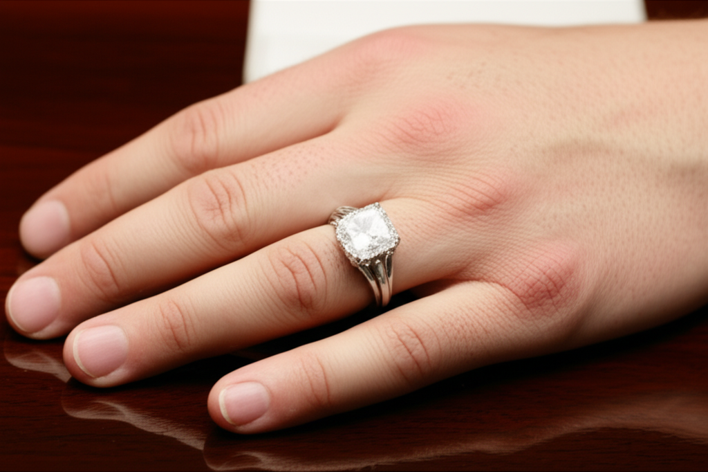 Ảnh cận cảnh bàn tay đeo nhẫn kim cương.