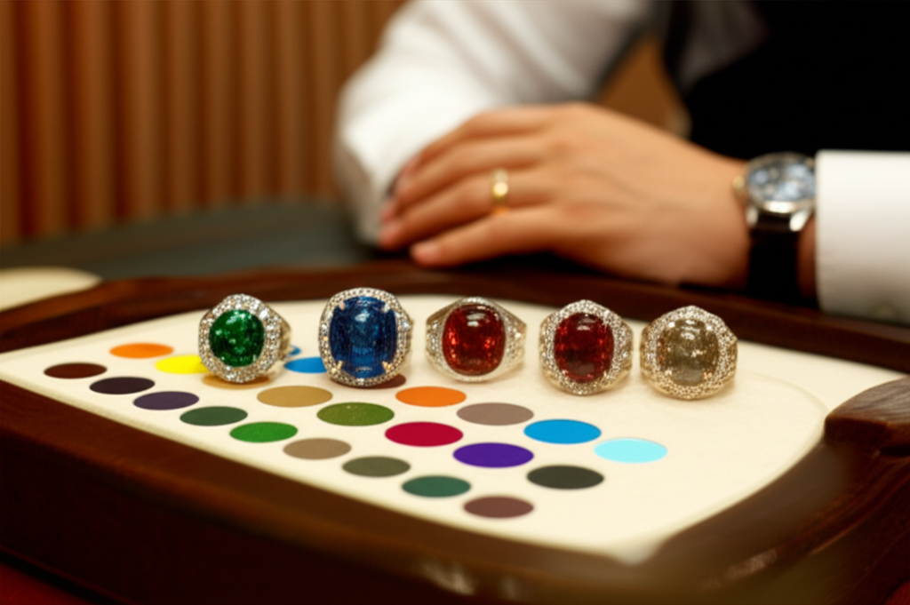 Tác động phong thủy của nhẫn kim cương nam với nhẫn phong thủy nam 3 Hình ảnh bảng màu ngũ hành (Kim, Mộc, Thủy, Hỏa, Thổ) được sắp xếp hài hòa, bên cạnh là các mẫu nhẫn kim cương nam đa dạng.