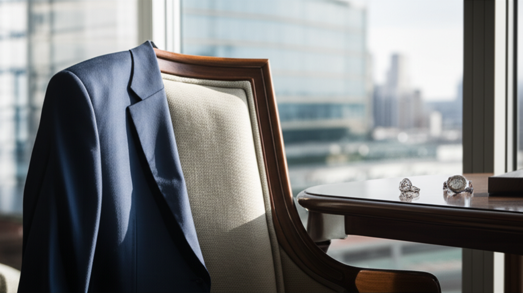 Hình ảnh cận cảnh áo vest nam cao cấp, nhẫn kim cương và đồng hồ kim cương trên bàn.