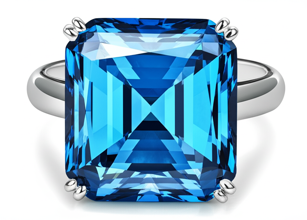 Xu hướng trang sức kim cương nam 2025 với xu hướng kim cương nam 4 Ảnh cận cảnh nhẫn kim cương nam платина với viên kim cương xanh dương огранка cushion nổi bật trong studio trang sức.
