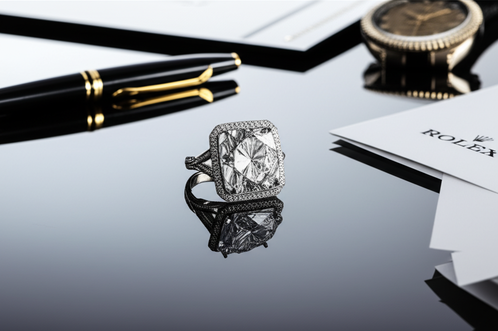 Hình ảnh cận cảnh chiếc nhẫn kim cương bản lớn đặt trên bàn làm việc với bút ký cao cấp và đồng hồ Rolex.