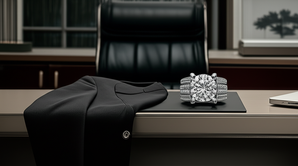 Áo vest và nhẫn kim cương trong văn phòng.