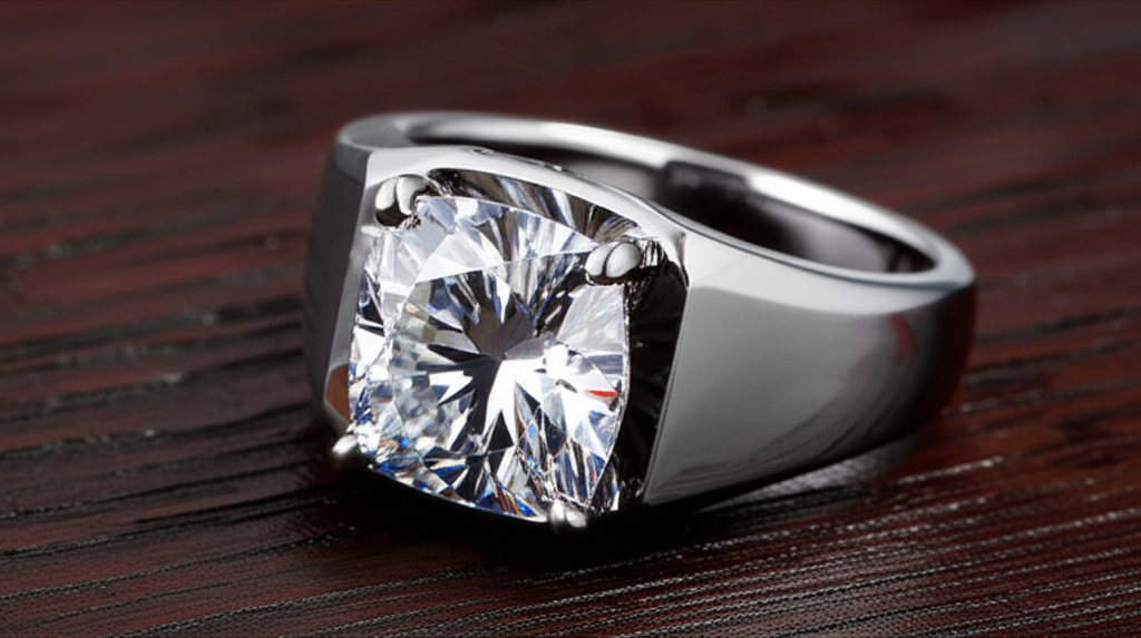 Ảnh cận cảnh nhẫn kim cương nam mạnh mẽ.