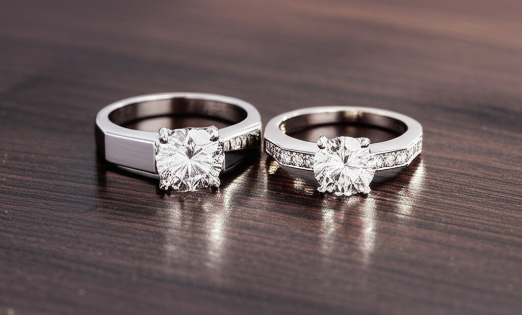 Ảnh cận cảnh hai chiếc nhẫn kim cương trên bàn gỗ.