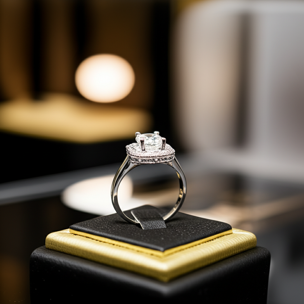 Chiếc nhẫn kim cương nam trên giá đỡ.