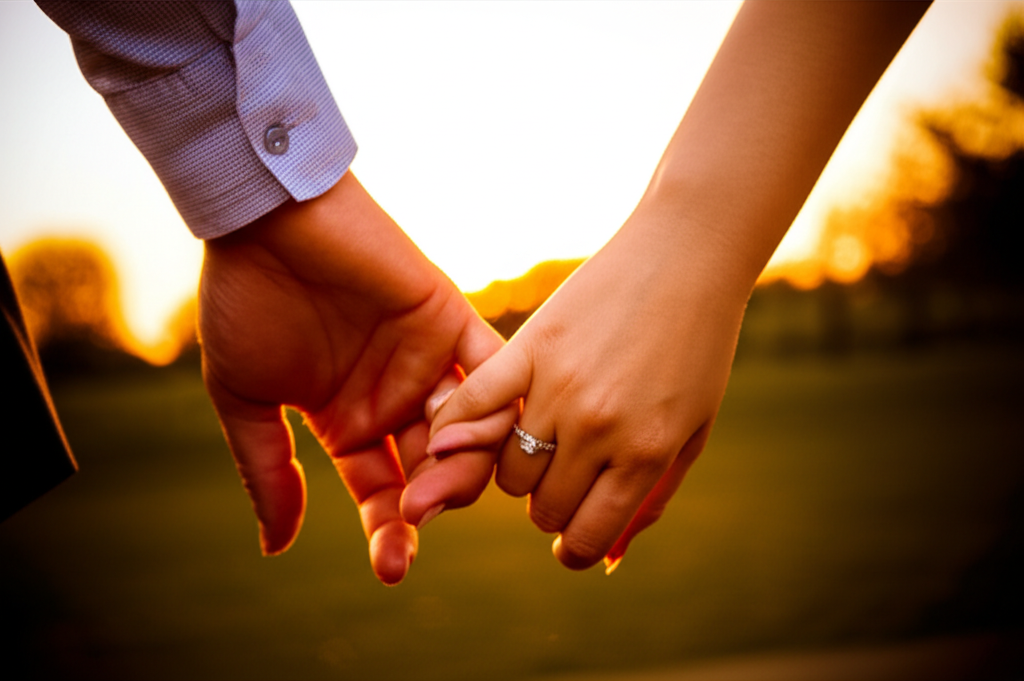 Ảnh cận cảnh hai bàn tay đang nắm chặt nhau, trên ngón áp út có đeo nhẫn kim cương, tạo không khí lãng mạn.