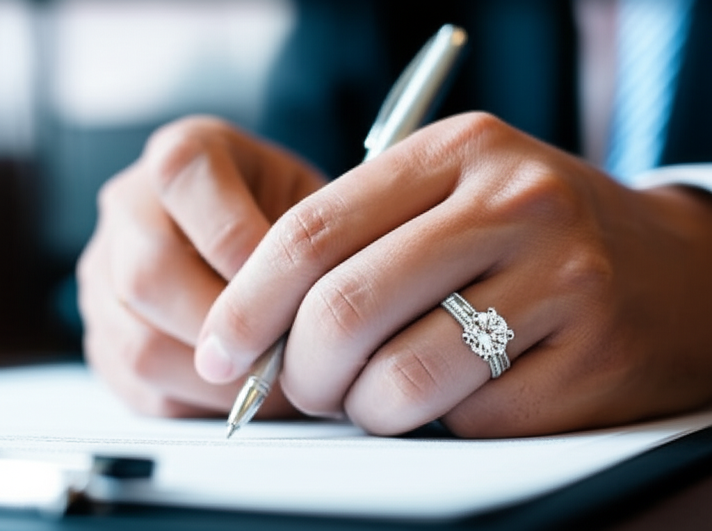 Ảnh cận cảnh bàn tay đeo nhẫn kim cương trên ngón giữa, đang ký tên trên giấy tờ.