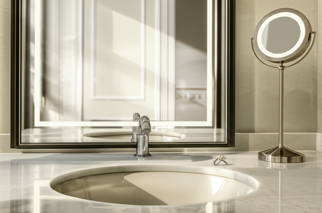 Ảnh phòng tắm sang trọng với gương và nhẫn kim cương trên bàn trang điểm, ánh sáng tự nhiên.