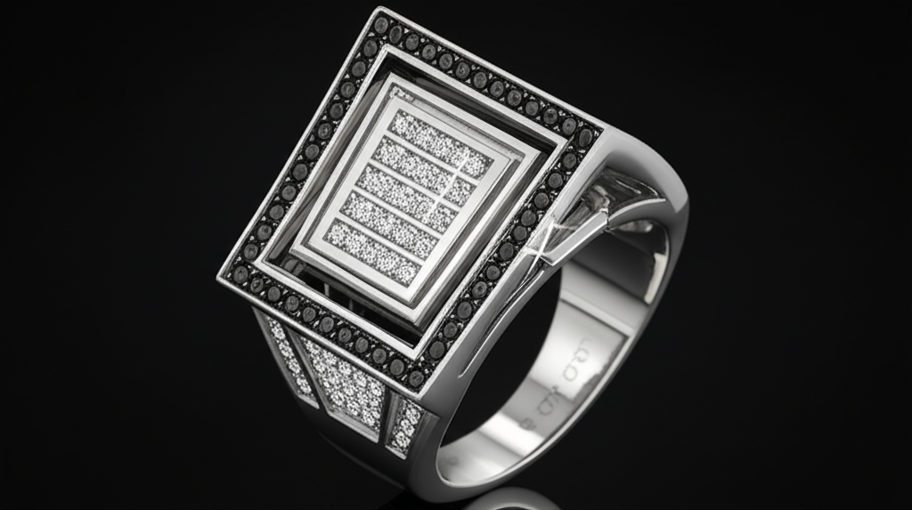 Chiếc nhẫn nam mạnh mẽ với kim cương trắng đen.