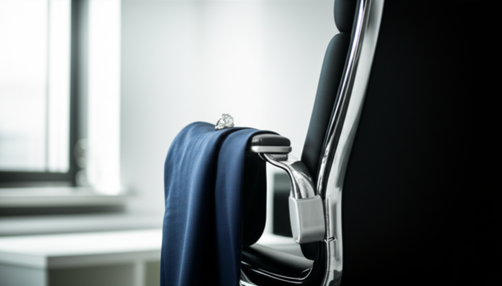 So sánh kim cương trắng và đen cho nam với kim cương trắng đen 3 Ảnh chụp cận cảnh áo vest nam được đặt trên ghế văn phòng, nổi bật chiếc nhẫn kim cương trắng trên tay áo.