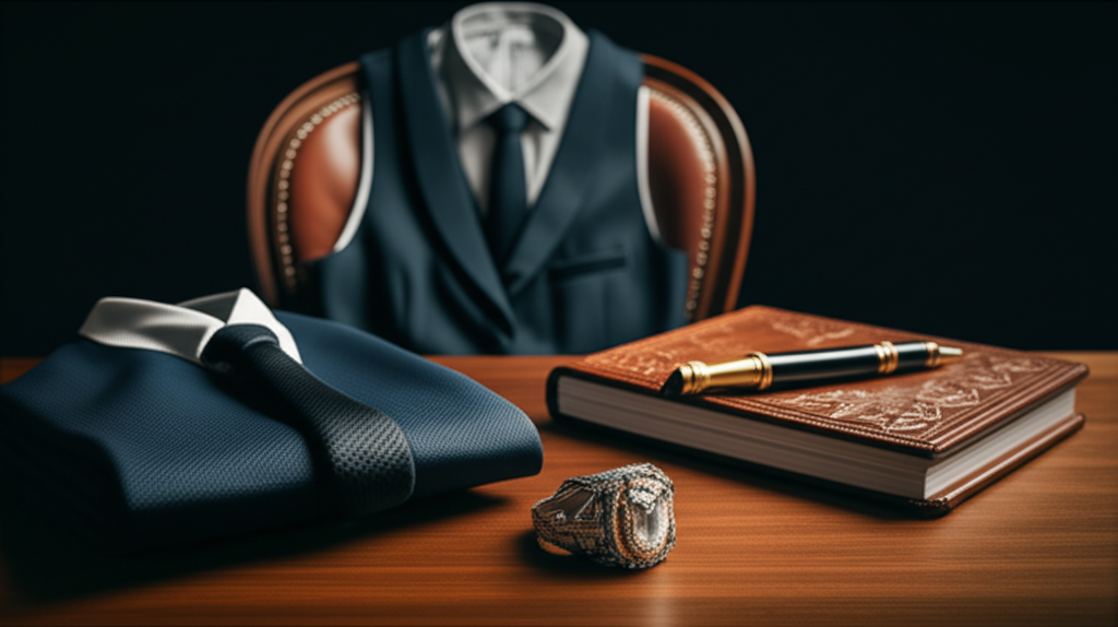 Hình ảnh chiếc nhẫn kim cương nam đặt trên bàn làm việc, bên cạnh một chiếc áo vest sang trọng, tạo cảm giác quyền lực và lịch lãm.