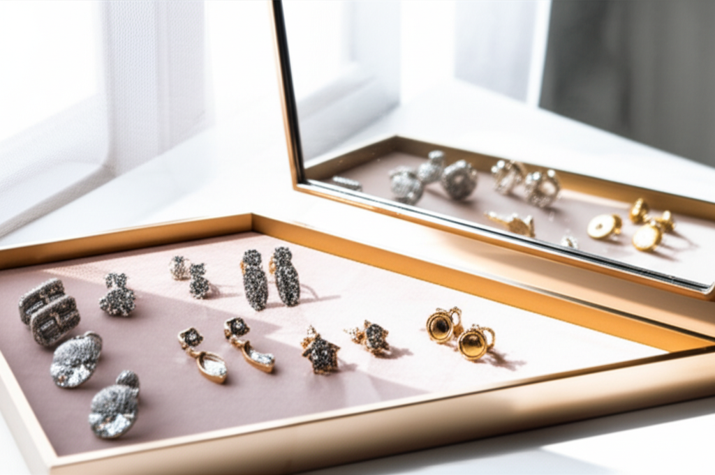 Hình ảnh bàn trang điểm với gương phản chiếu các kiểu bông tai kim cương khác nhau.
