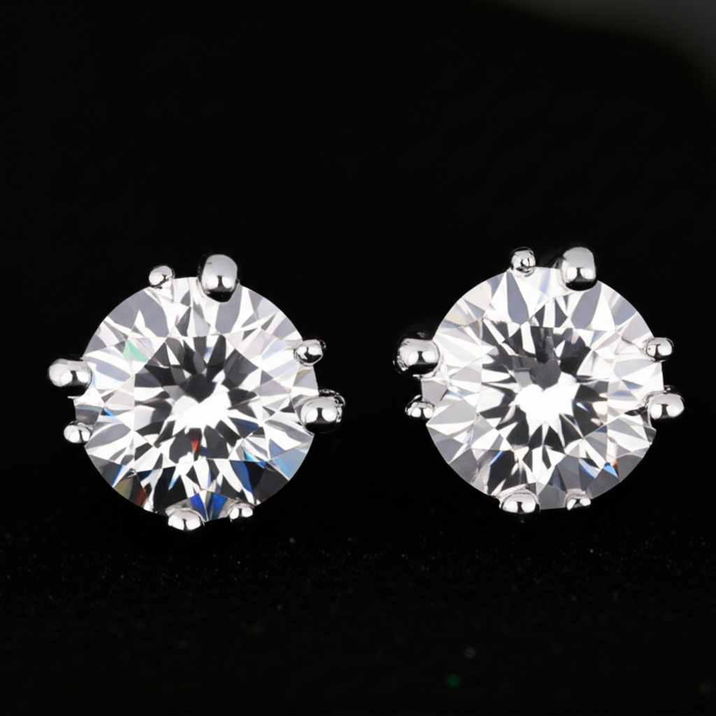 Ảnh cận cảnh đôi bông tai kim cương lấp lánh.