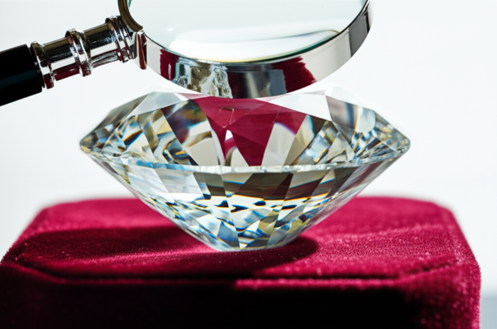 Phân biệt kim cương thiên nhiên và nhân tạo nam giới với kim cương thật giả nam 5 Ảnh cận cảnh kính lúp đang soi một viên kim cương lớn trên tấm nhung.