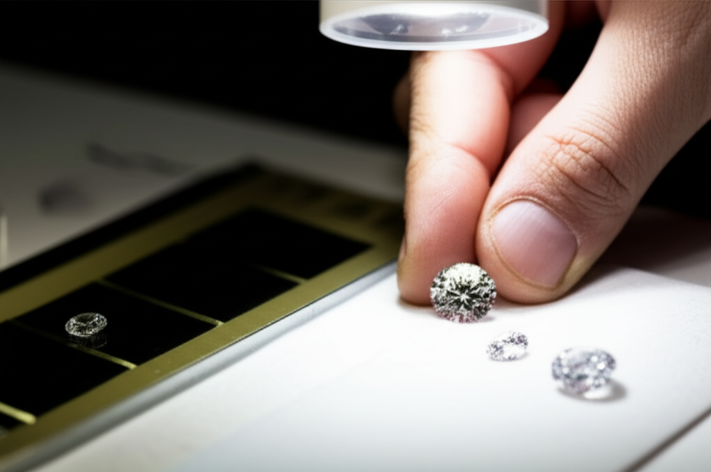 Ảnh cận cảnh bàn tay đang kiểm tra kim cương bằng kính lúp và ánh sáng.
