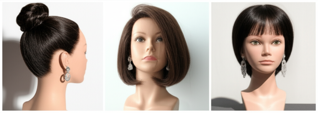 Ảnh chụp ba kiểu tóc khác nhau (búi cao, xõa tự nhiên, tóc ngắn), mỗi kiểu tóc đeo một kiểu bông tai kim cương phù hợp.