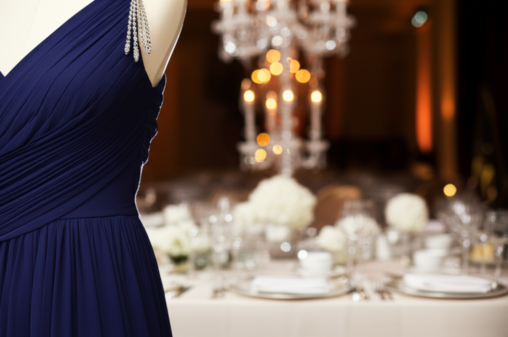 Ảnh chụp váy dạ hội màu xanh navy trên ma-nơ-canh và đôi bông tai kim cương lấp lánh trong bối cảnh tiệc tối sang trọng.