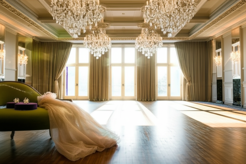 Bí quyết chọn bông tai kim cương cho nàng da ngăm với bông tai cho da ngăm 7 Ảnh chụp một phòng khiêu vũ lộng lẫy, với một chiếc áo dạ hội sang trọng nằm trên ghế dài và một đôi bông tai kim cương lấp lánh trên đệm nhung.