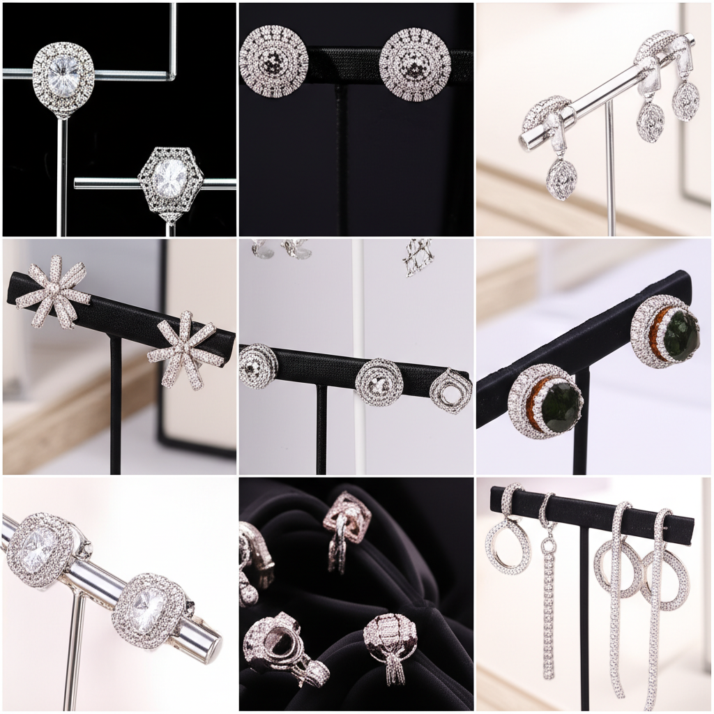 Lưu ý khi chọn bông tai kim cương online với mua bông tai online 5 Ảnh chụp cận cảnh bộ sưu tập bông tai kim cương với nhiều kiểu dáng khác nhau, được trưng bày trên giá đỡ, dưới ánh sáng tự nhiên.