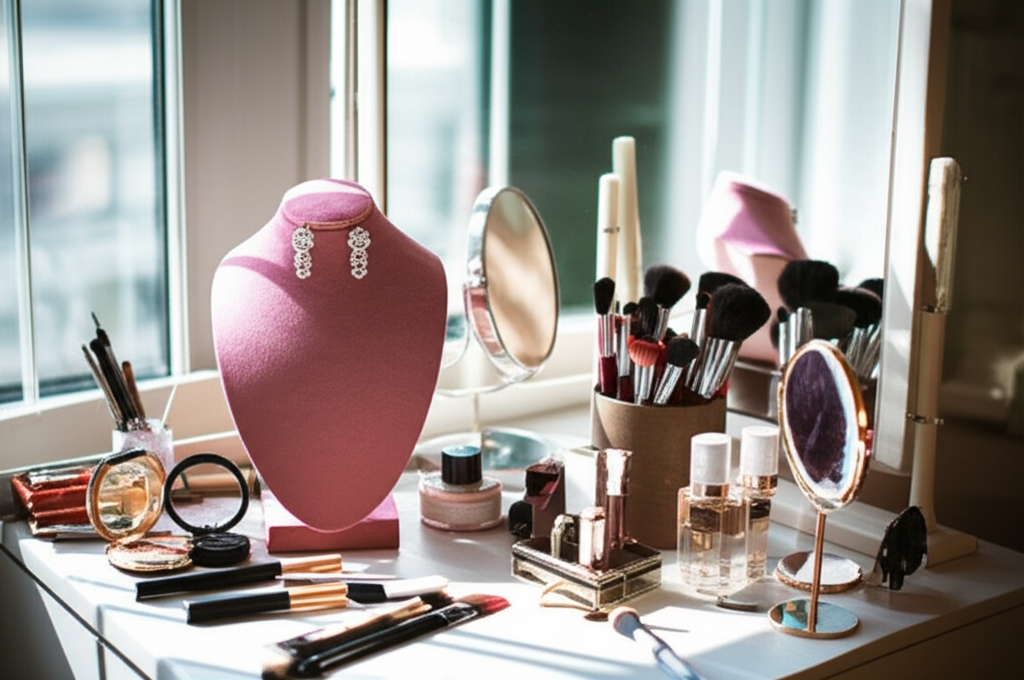 Bông tai kim cương phong cách cổ điển hay hiện đại với bông tai cổ điển hiện đại 9 Ảnh chụp cận cảnh bàn trang điểm với đôi bông tai kim cương nổi bật trên giá đỡ, ánh sáng tự nhiên.