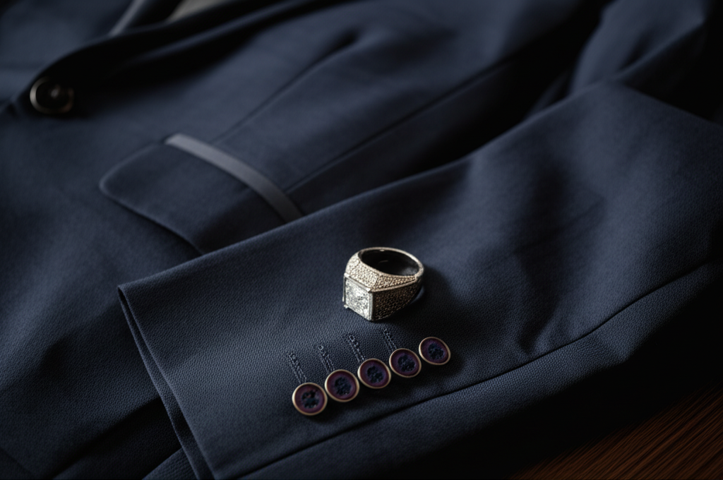 Hình ảnh áo vest nam và nhẫn kim cương đặt trên bàn gỗ tối màu, tập trung vào chi tiết của chiếc nhẫn.