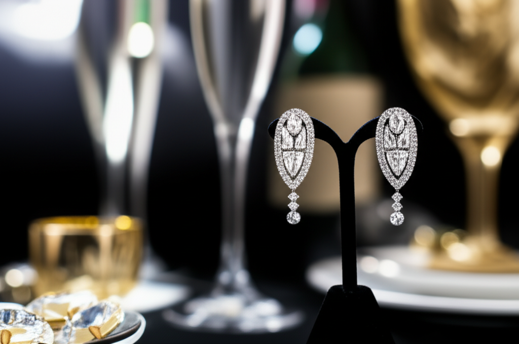 Tư duy đầu tư khi chọn mua bông tai kim cương với đầu tư bông tai kim cương 4 Khung cảnh tiệc sang trọng với điểm nhấn là đôi bông tai kim cương lấp lánh trên giá trưng bày.