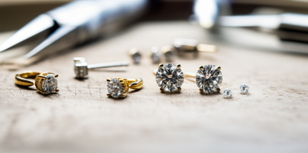 Bông tai kim cương và sự sang trọng trong sự kiện với bông tai kim cương sang trọng 8 Ảnh cận cảnh bàn làm việc của thợ kim hoàn với bông tai kim cương đang được chế tác, tập trung vào công cụ và chi tiết.