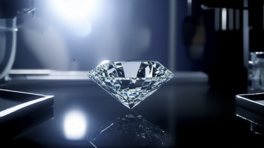 Phân biệt kim cương thiên nhiên và nhân tạo nam giới với kim cương thật giả nam 3 Hình ảnh cận cảnh một viên kim cương lấp lánh dưới ánh đèn tập trung trên bề mặt tối, phản chiếu, gợi cảm giác đang được kiểm tra kỹ lưỡng trong một không gian tương tự phòng thí nghiệm.