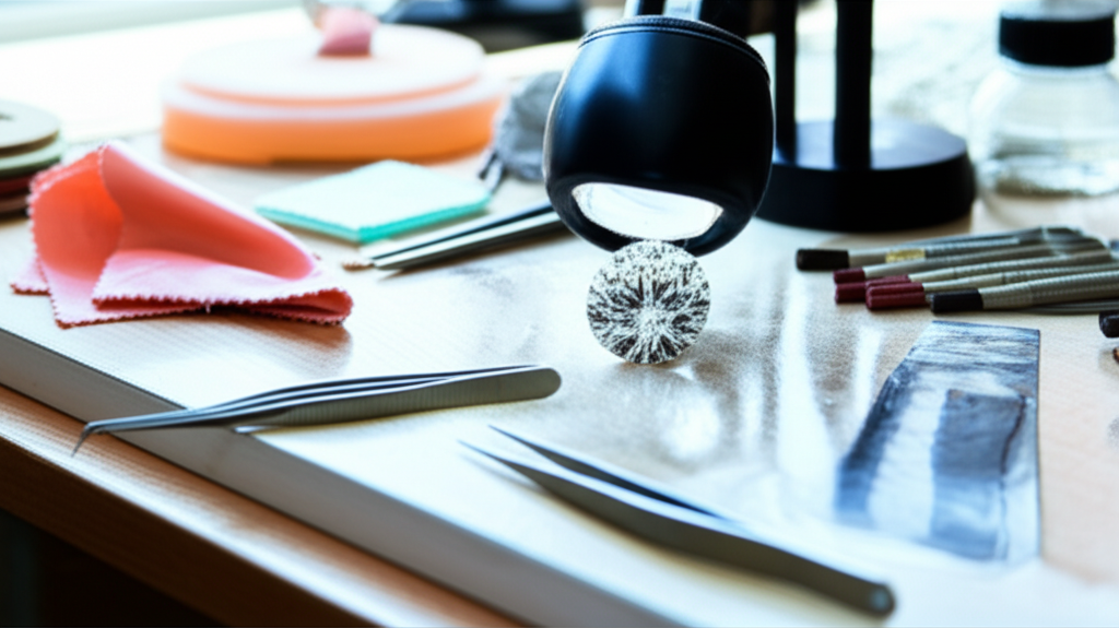 Ảnh chụp cận cảnh bàn làm việc của thợ kim hoàn, có kính lúp, kim cương và các dụng cụ khác.