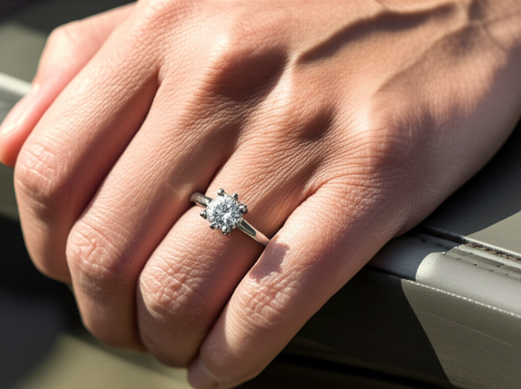 Cận cảnh bàn tay đeo nhẫn kim cương.