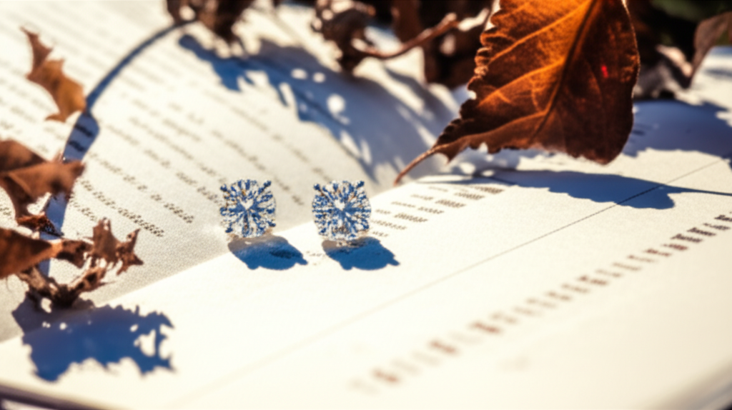 Chọn bông tai kim cương theo phong thủy với bông tai phong thủy 3 Hình ảnh đôi bông tai kim cương nằm trên một cuốn sách phong thủy mở, với lá khô xung quanh.