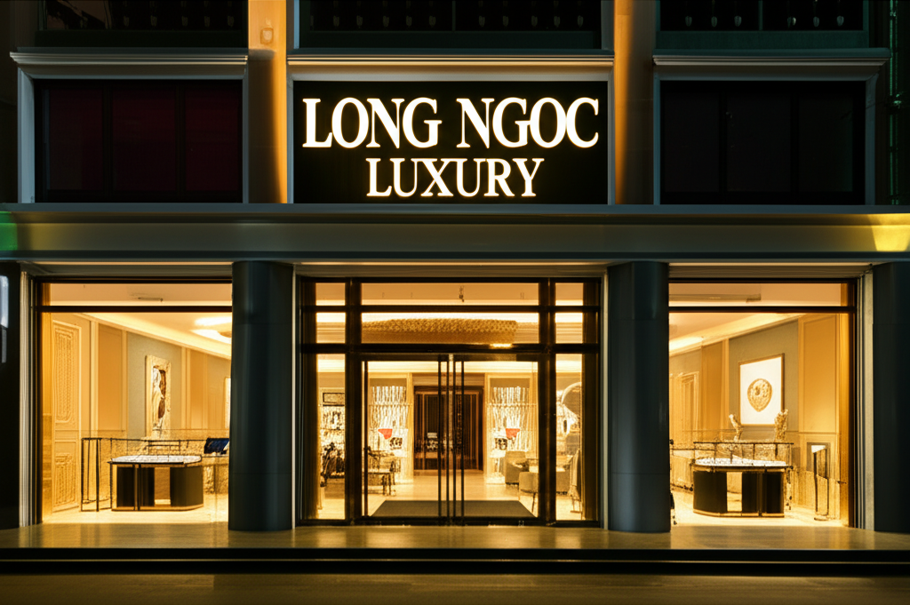 Ảnh mặt tiền của showroom Long Ngọc Luxury vào ban đêm, ánh sáng vàng ấm áp tạo cảm giác chào đón.