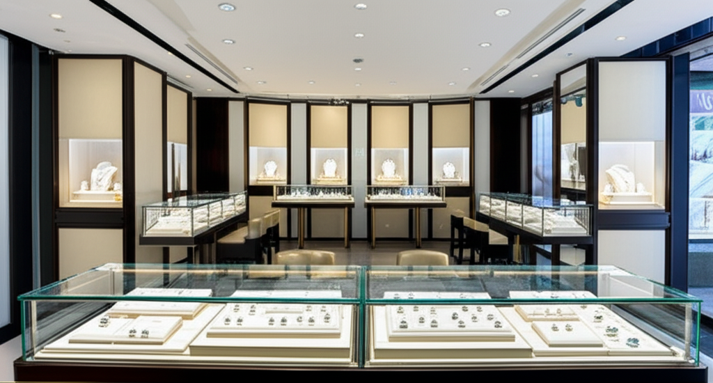 Ảnh chụp showroom trang sức kim cương nam với nhiều mẫu mã đa dạng.