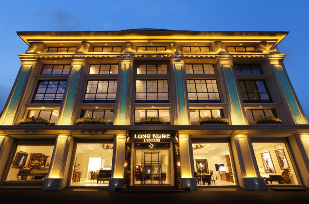 Ảnh mặt tiền showroom Long Ngọc Luxury với ánh đèn vàng ấm áp.