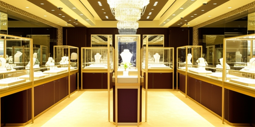 Hình ảnh showroom trang sức với nhiều bông tai kim cương được trưng bày, ánh sáng vàng ấm áp.