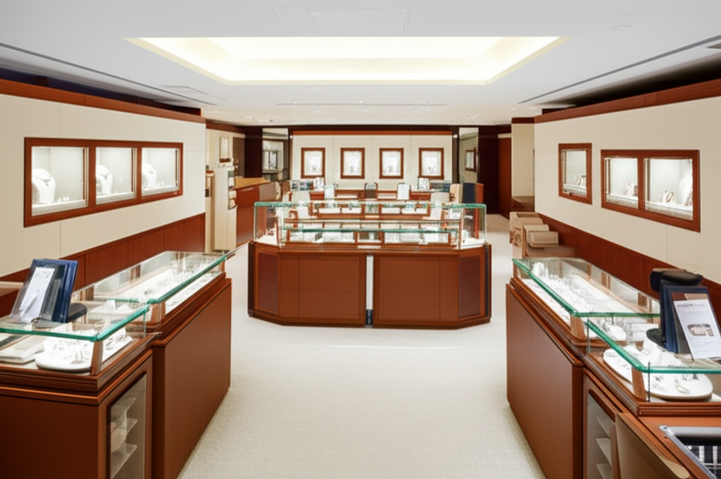 Tư duy đầu tư khi chọn mua bông tai kim cương với đầu tư bông tai kim cương 6 Ảnh chụp showroom Long Ngọc Luxury với các tủ trưng bày trang sức kim cương sang trọng.