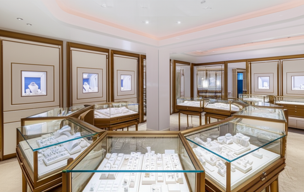 Ảnh chụp không gian bên trong showroom trang sức sang trọng, với các tủ trưng bày lấp lánh và thiết kế thanh lịch.