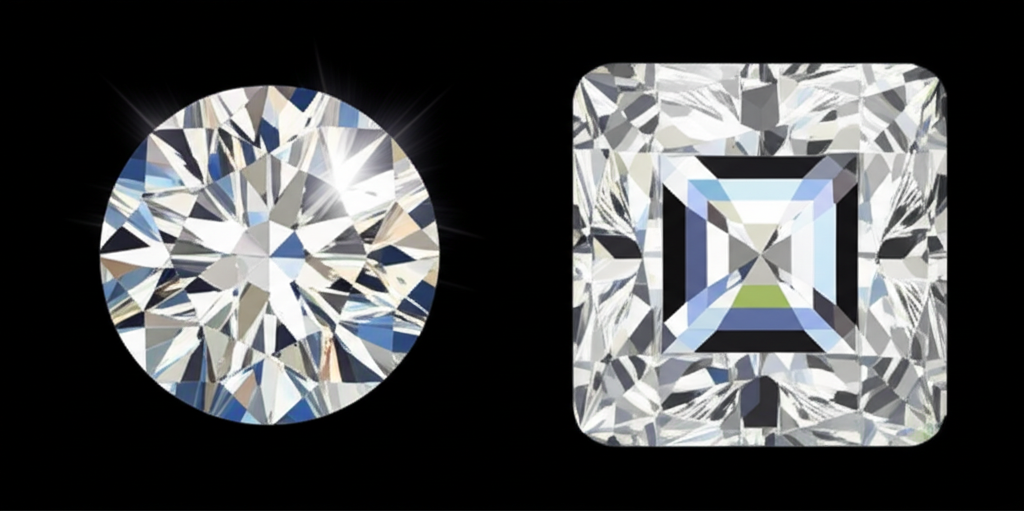 Ảnh so sánh hai viên kim cương với kiểu cắt brilliant và princess, thể hiện độ lấp lánh và phản chiếu ánh sáng.