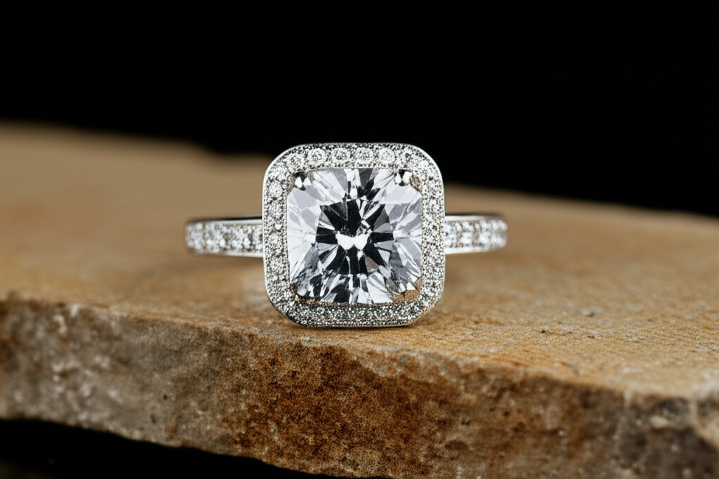 Tác động phong thủy của nhẫn kim cương nam với nhẫn phong thủy nam 2 Ảnh cận cảnh chiếc nhẫn kim cương nam được đặt trên phiến đá tự nhiên, ánh sáng tập trung vào viên kim cương.