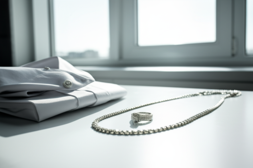 Áo sơ mi trắng và dây chuyền kim cương nam trong không gian hiện đại.