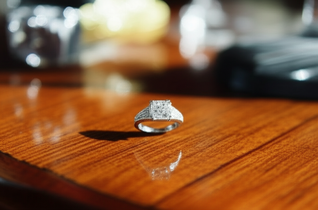 Chiếc nhẫn kim cương nam trên gối nhung.