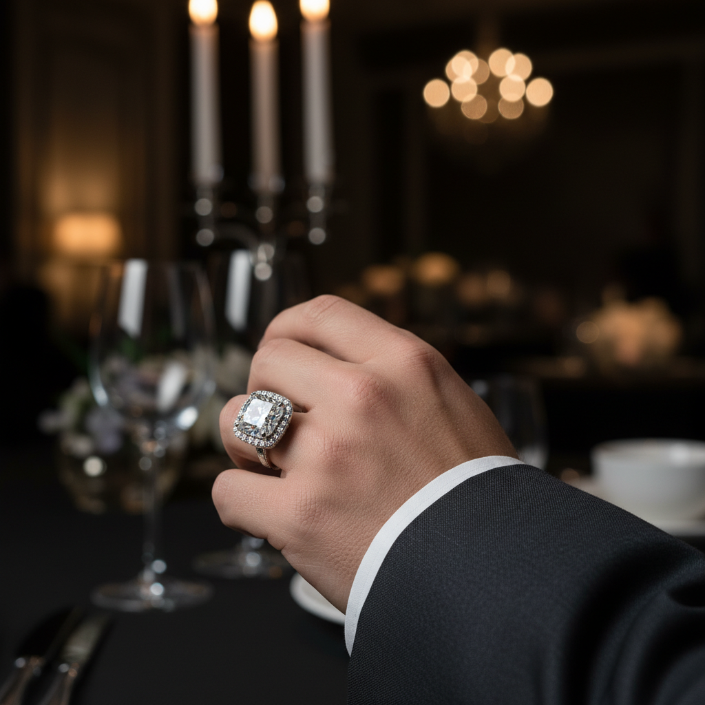 Một chiếc nhẫn kim cương nam tính nổi bật trong sự kiện sang trọng, không có người.