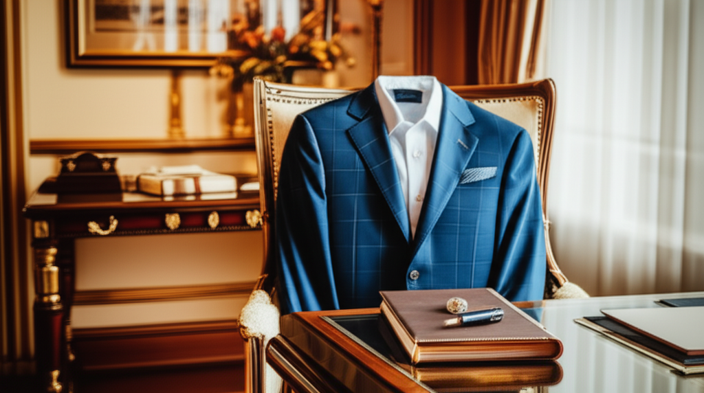 Các kiểu cắt kim cương nam được ưa chuộng với giác cắt kim cương nam 2 Hình ảnh áo vest được đặt trên ghế và một chiếc nhẫn kim cương nam tính đặt trên bàn, trong bối cảnh phòng làm việc sang trọng.