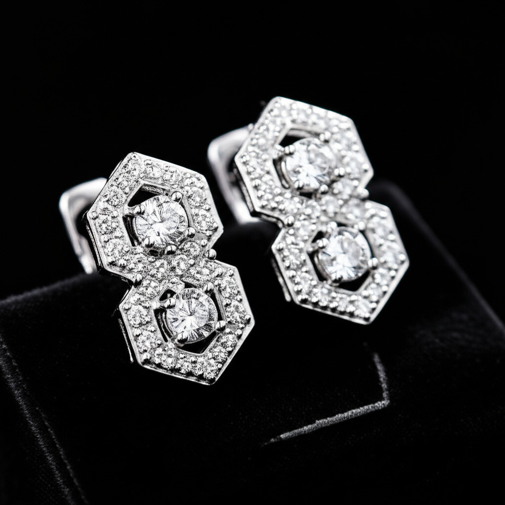 Ảnh cận cảnh đôi bông tai kim cương lấp lánh trên nền nhung đen.