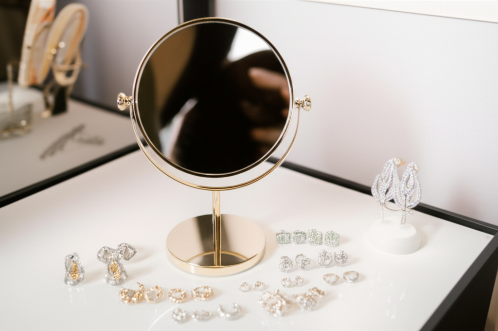Hình ảnh một chiếc gương trang điểm với nhiều đôi bông tai kim cương được bày biện xung quanh.